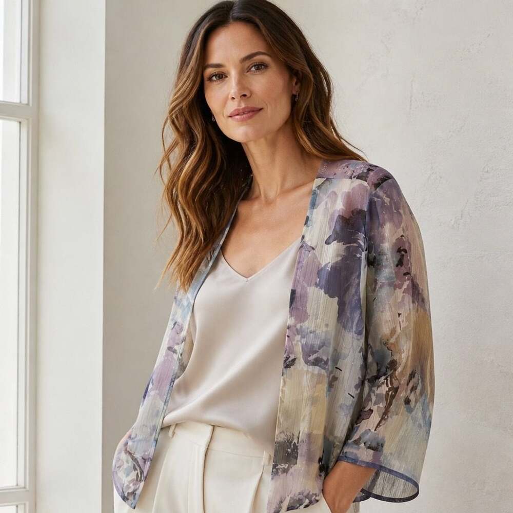 R&M Richards Women's Shimmer Floral Open-Front Jacket Shrug